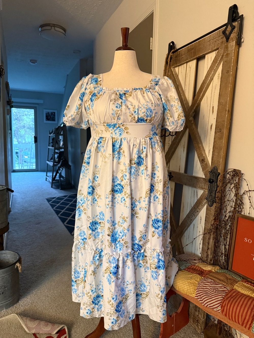 White Maxi Dress with Blue Floral Print